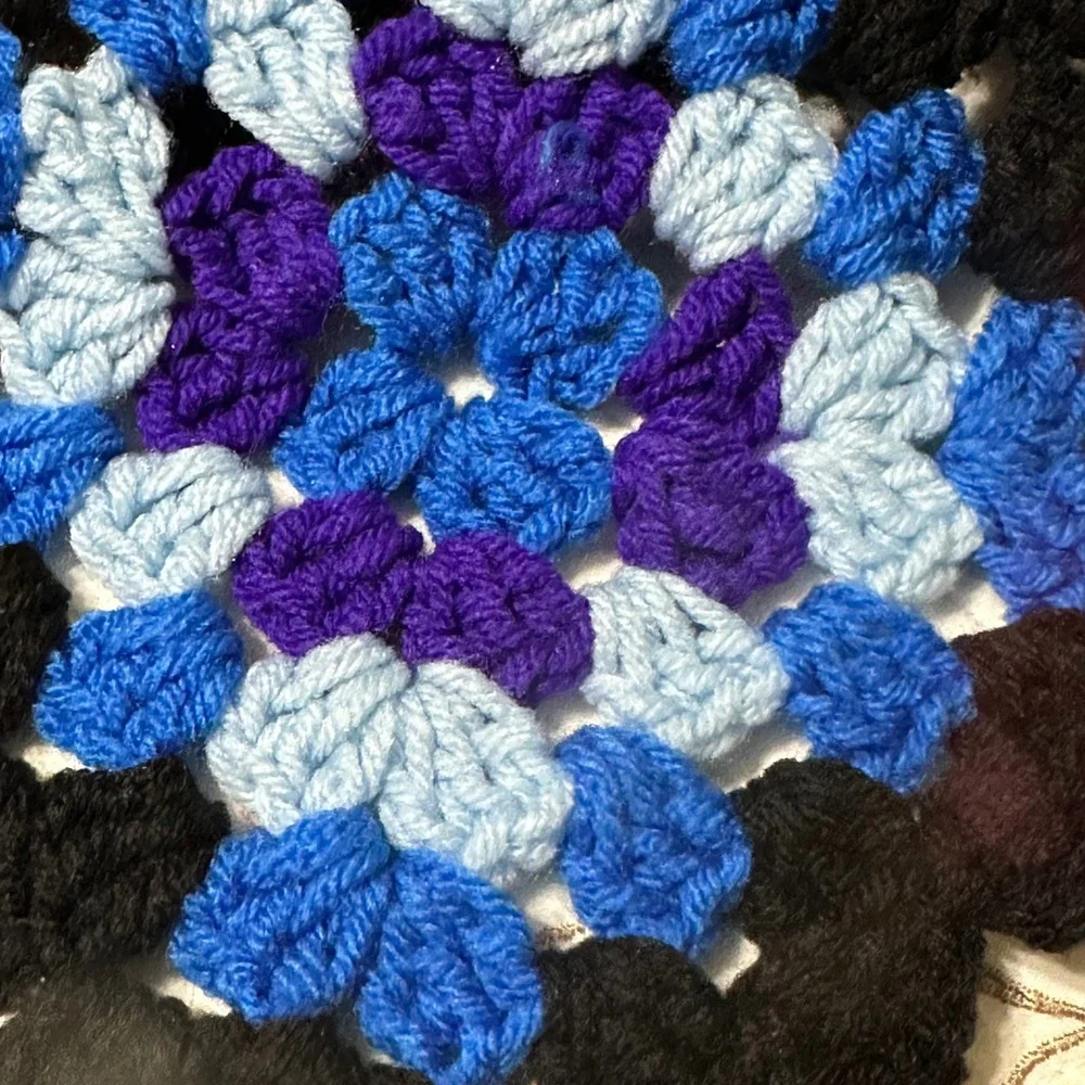 Handmade Crochet Granny Square Afghan Black Multicolor Throw 63x54